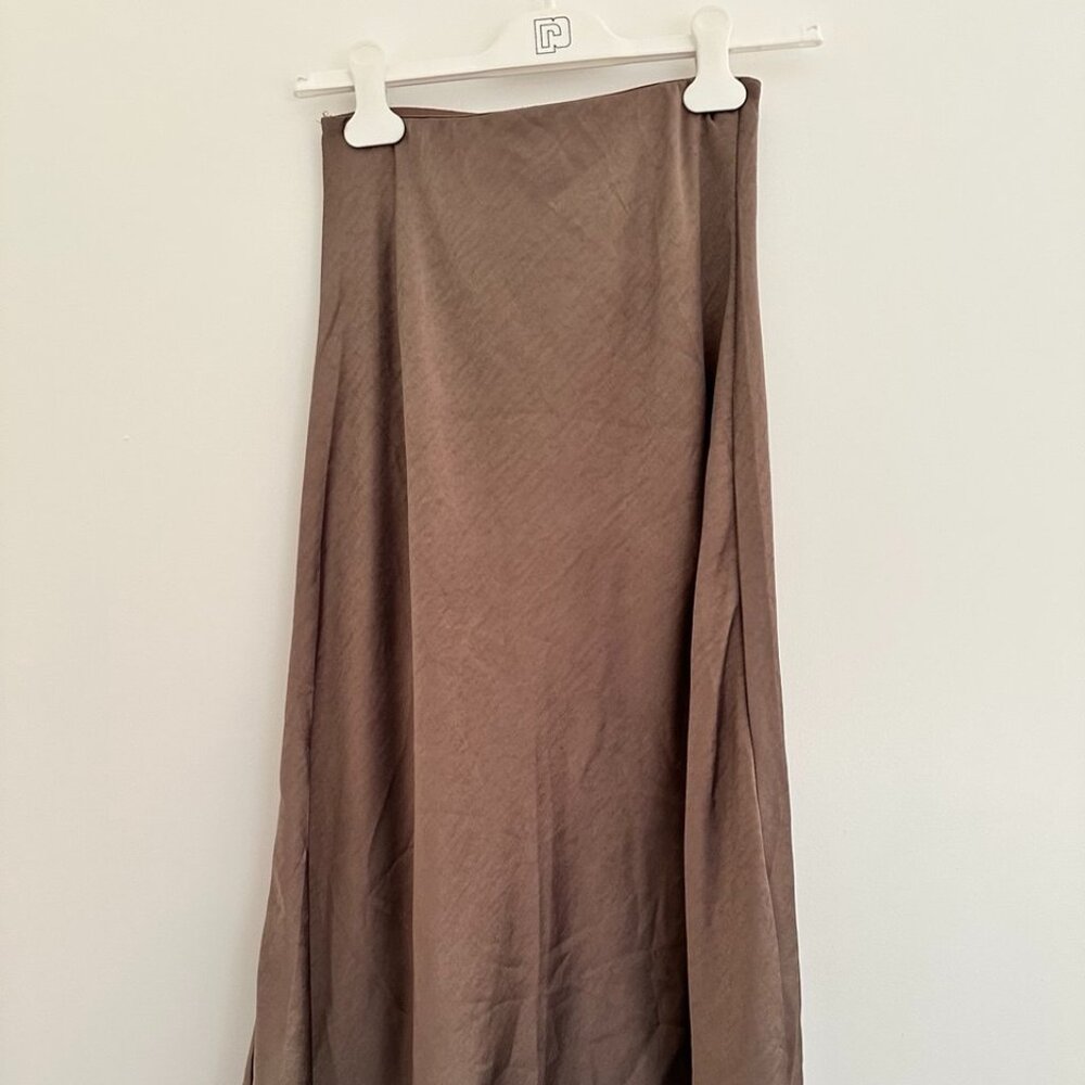 Oak + Fort Silk Brown Midi Skirt Size XS